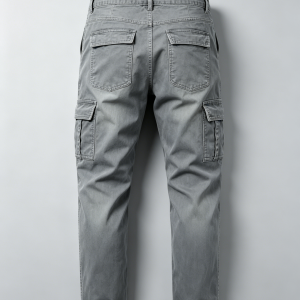 Mens Vintage Washed Grey Cargo Pants Back View Multi-Pocket Straight Leg Trousers
