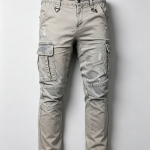 Mens Washed Faded Distressed Cargo Twill Pants D-ring Waist Hardware