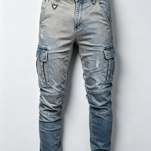 Mens Gradient Two-Tone Distressed Cargo Denim Jogger Pants