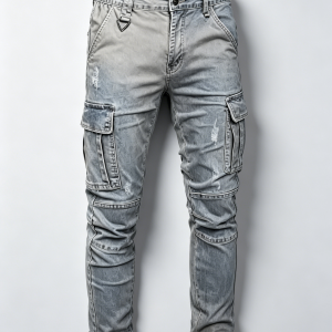 Mens Gradient Washed Distressed Slim Cargo Denim Pants Knee Panel Stitching