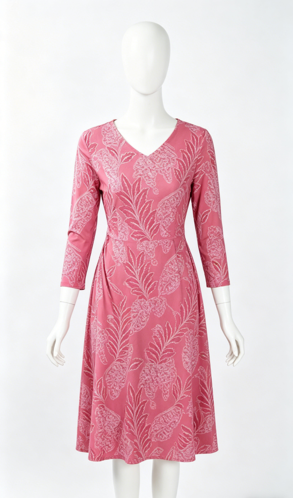 Pink Leaf Print V-Neck Dress