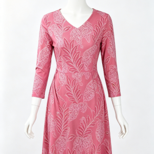 Pink Leaf Print V-Neck Dress