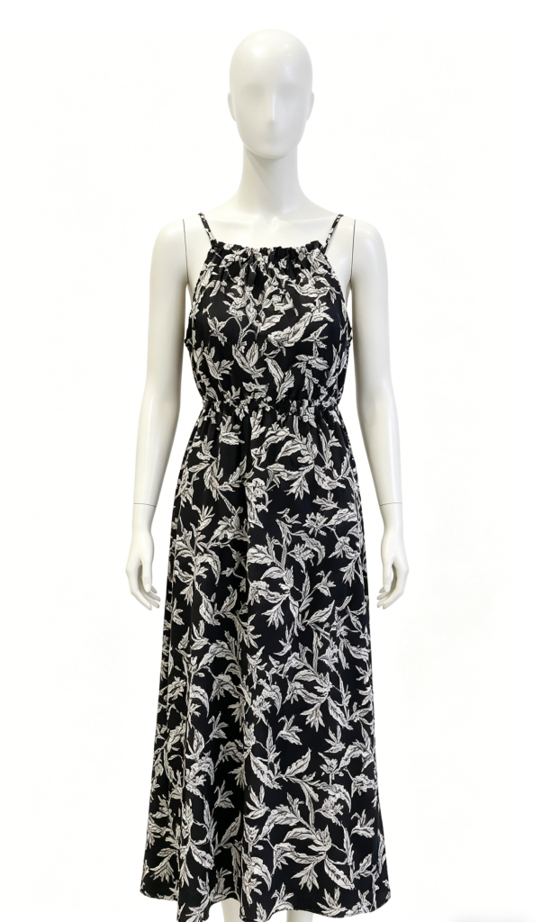Black White Leaf Print Slip Dress