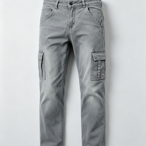 Mens Vintage Washed Gray Straight Leg Twill Cargo Pants Dual Side Flap Pockets