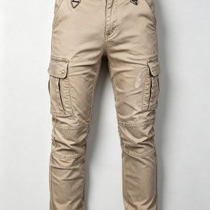 Mens Khaki Slim Tactical Cargo Pants Partial Elastic Waist D-ring Details