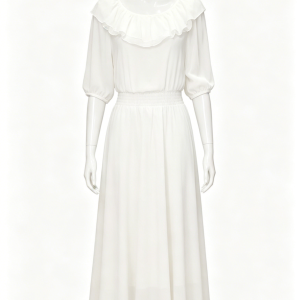 White Ruffle Neck Midi Dress