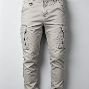 Mens Light Gray Slim Fit Cargo Pants Single D-ring Waist Detail Knee Stitch Design