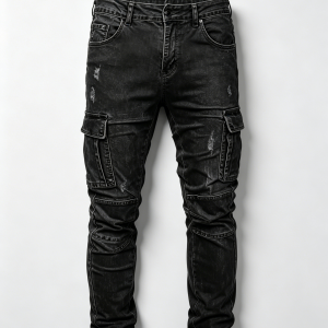 Mens Black Washed Distressed Cargo Skinny Denim Pants Rear View