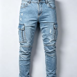 Mens Light Wash Distressed Cargo Skinny Denim Pants Knee Spliced Stitching