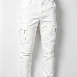 Mens Solid White Slim Fit Cargo Pants Partial Elastic Waist Triangle D-ring Detail