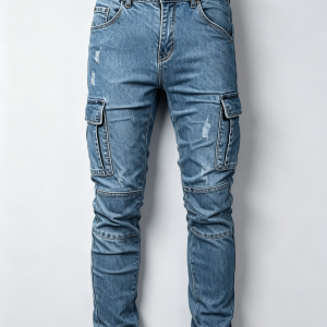 Mens Distressed Cargo Slim Denim Pants Rear View