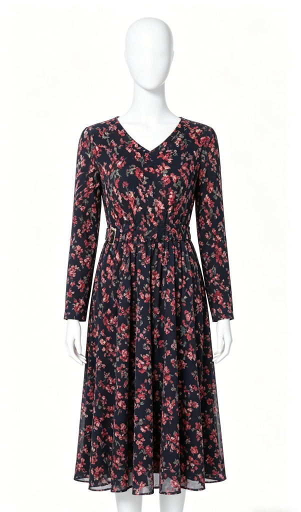 Dark Blue Floral Long Sleeve Dress