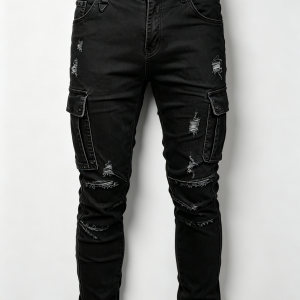 Mens Black Ripped Distressed Slim Cargo Denim Pants Knee Spliced Seams