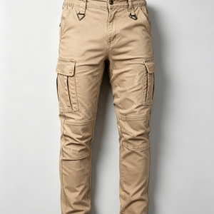 Mens Khaki Slim Fit Cargo Pants Partial Elastic Waist Metal D-ring Details
