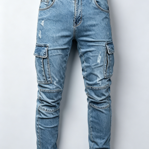 Mens Light Blue Ripped Cargo Slim Denim Pants Knee Segmented Stitching Design