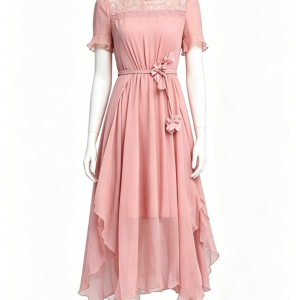 Pink Lace Trim Midi Dress