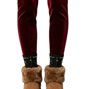 Camel Suede Fur-Cuff Ankle Boots with Embellished Socks