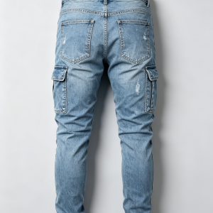 Mens Light Wash Distressed Cargo Skinny Denim Pants Back View