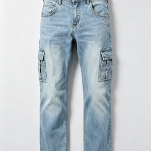 Mens Light Wash Straight Leg Cargo Denim Jeans Side Flap Pockets