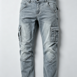Mens Vintage Grey Washed Cargo Denim Pants Geometric Knee Panel Stitching