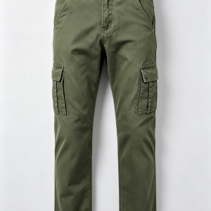 Mens Army Green Straight Leg Twill Cargo Pants Knee Panel Stitching