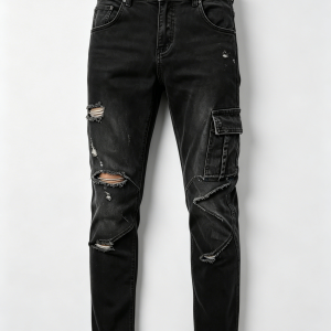 Mens Black Washed Ripped Distressed Cargo Slim Denim Pants Angular Knee Stitching