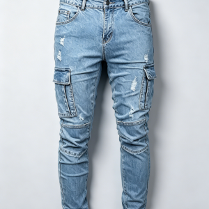 Mens Light Wash Ripped Cargo Skinny Denim Pants Knee Seam Detail