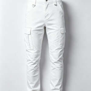 Mens Solid White Slim Cargo Pants Metal D-ring Waist Accents Knee Segmented Stitching