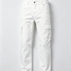 Mens Solid White Straight Fit Twill Cargo Pants Side Flap Cargo Pockets