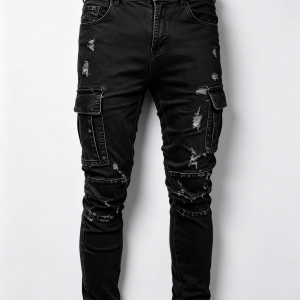 Mens Black Ripped Distressed Cargo Slim Denim Pants Back View