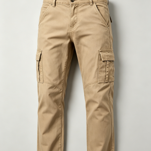 Mens Khaki Straight Fit Twill Cargo Pants Knee Geometric Stitched Panel
